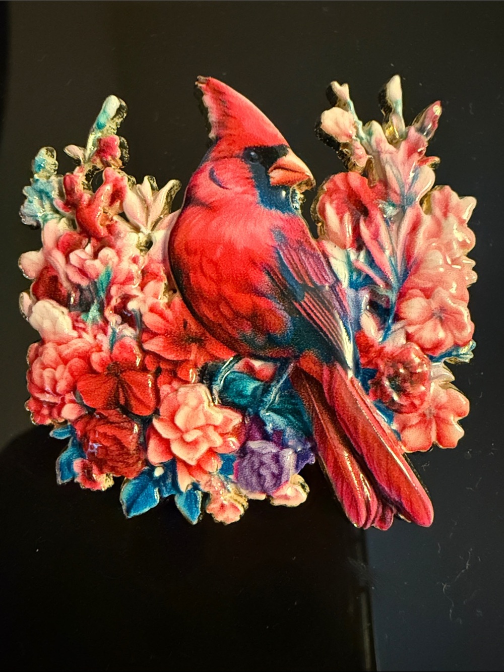 Vibrant Cardinal Floral Brooch - Red Pink Blue Accent